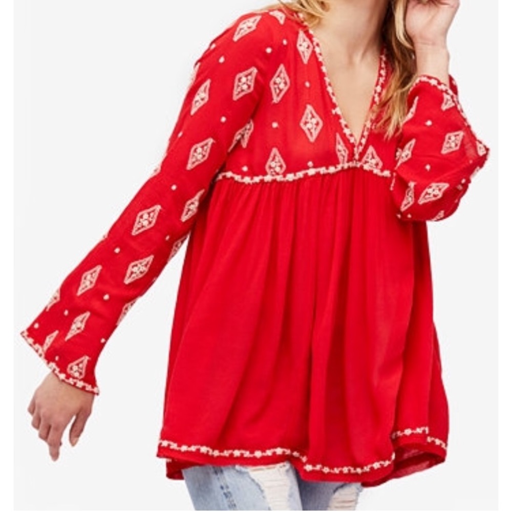 Free People Diamond embroidered tunic red small